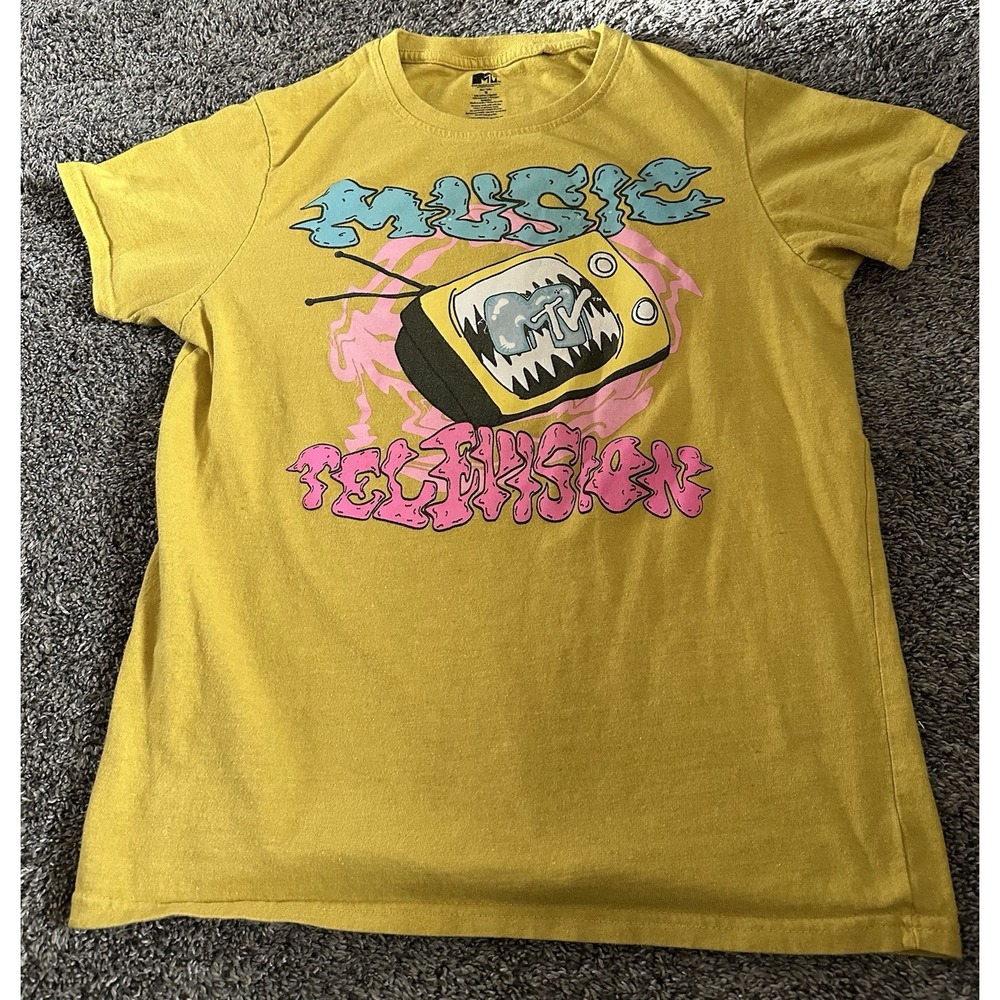 MTV Music Television Graphic Print T-Shirt Adult Medium Yellow Crew Neck Faded